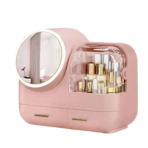 Pink Led Vanity Makeup Organizer With Partition Storage And Touch Control Mirror Large Capacity Cosmetic Box