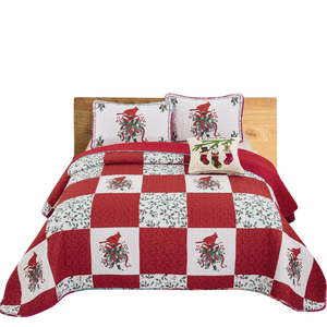 Elegant Red Greem & White Christmas Queen Bedspread Set