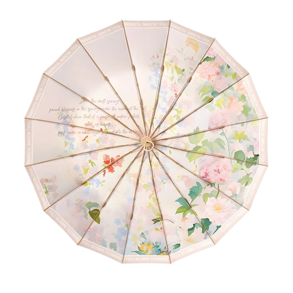 Traditional Chinese Style Folding Umbrella Pink Floral Design With 16 Rib Structure