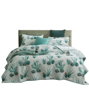 100% Cotton Lightly Quilted Coverlet Set Blooming Cactuses Cream Queen