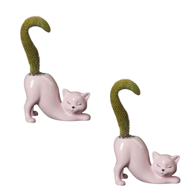 2Pcs Pink Cute Cat Ceramic Flower Pot Decorative Succulent Planter For Home And Office