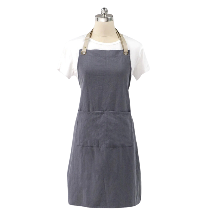 Kitchen Apron Gray Cotton Linen Neckband For Garden Cooking
