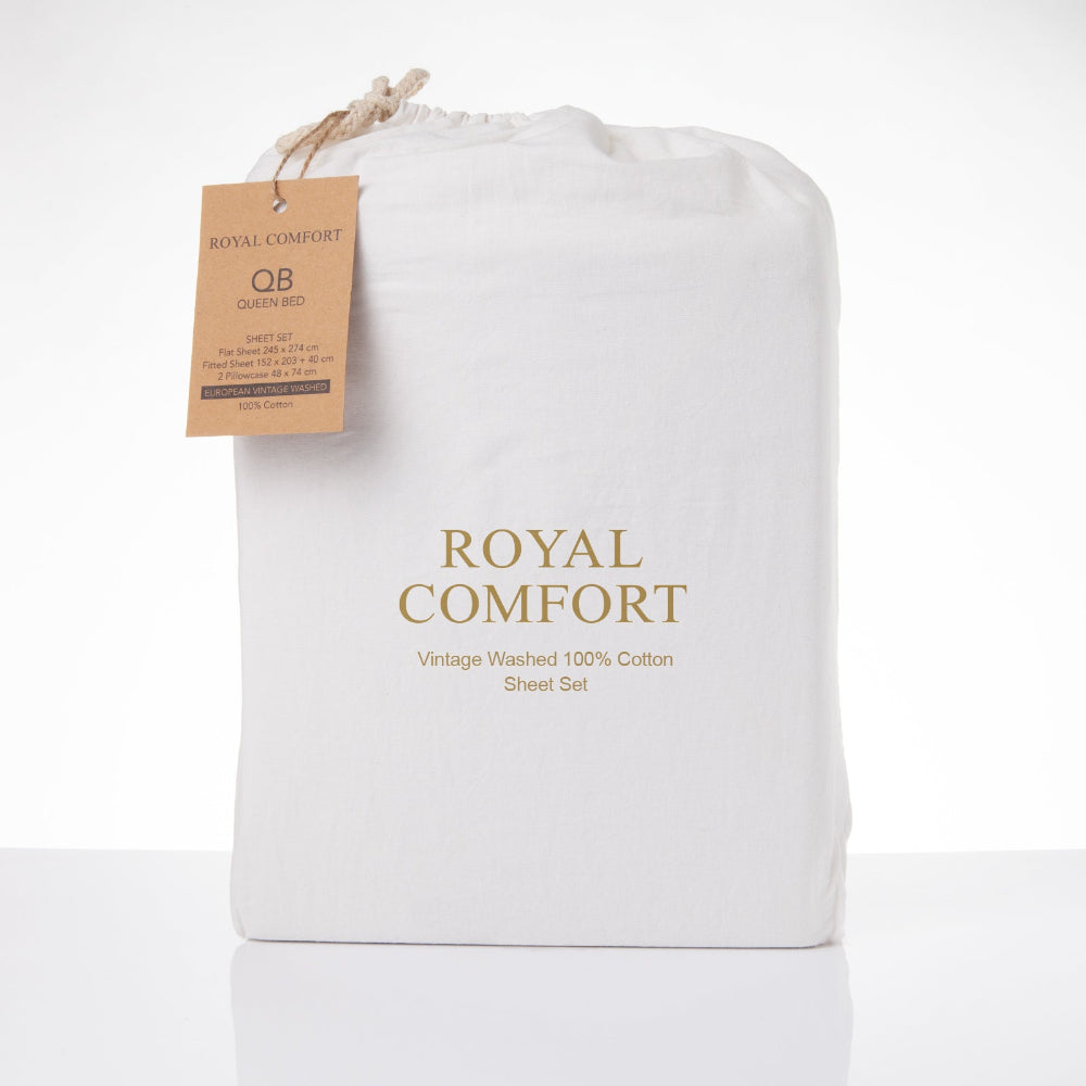 Royal Comfort Vintage Washed 100% Cotton Sheet Set Fitted Flat Pillowcases Queen White