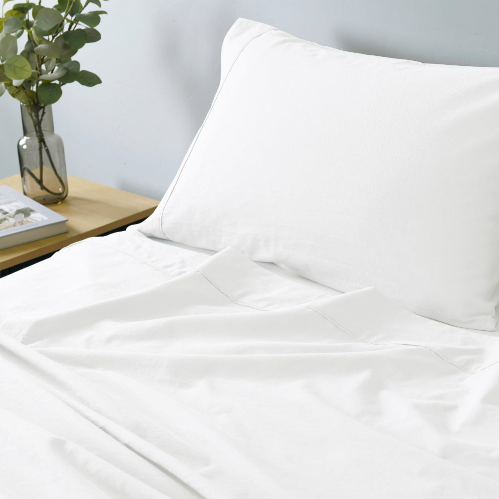 Royal Comfort Vintage Washed 100% Cotton Sheet Set Fitted Flat Pillowcases King White