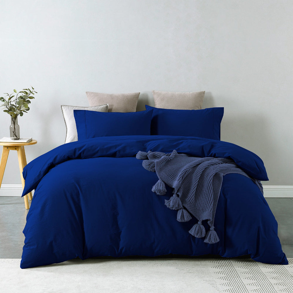 Royal Comfort Vintage Washed 100% Cotton Quilt Cover Set Bedding Ultra Soft Queen Blue