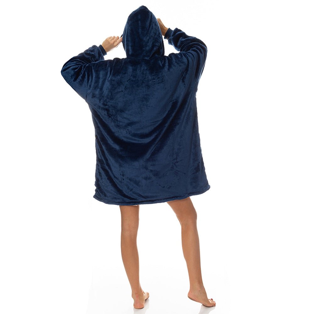 Royal Comfort Snug Hoodie Nightwear Super Soft Reversible Coral Fleece 750Gsm Navy