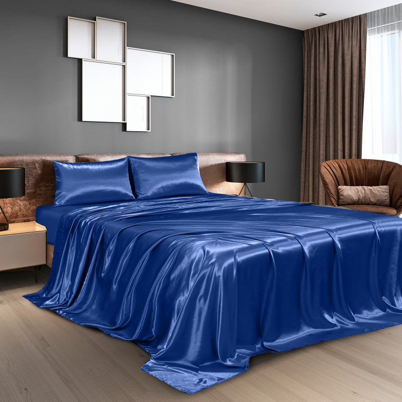 Royal Comfort Satin Sheet Set 4 Piece Fitted Flat Pillowcases King Navy Blue