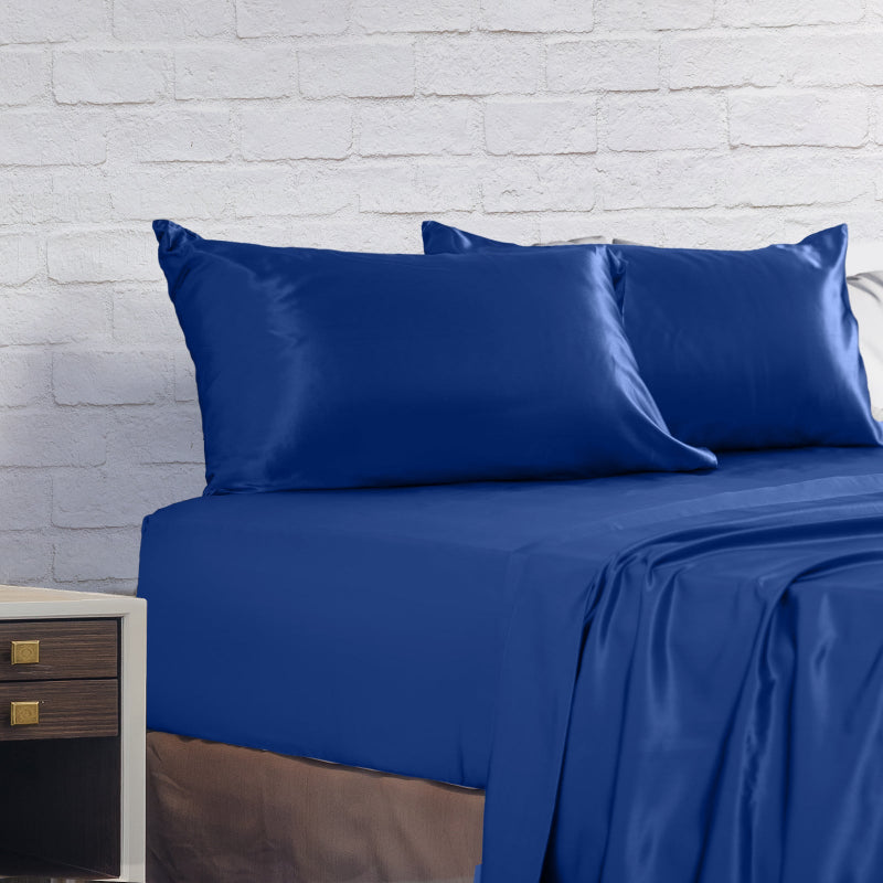 Royal Comfort Satin Sheet Set 4 Piece Fitted Flat Pillowcases King Navy Blue