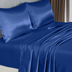 Royal Comfort Satin Sheet Set 4 Piece Fitted Flat Pillowcases King Navy Blue