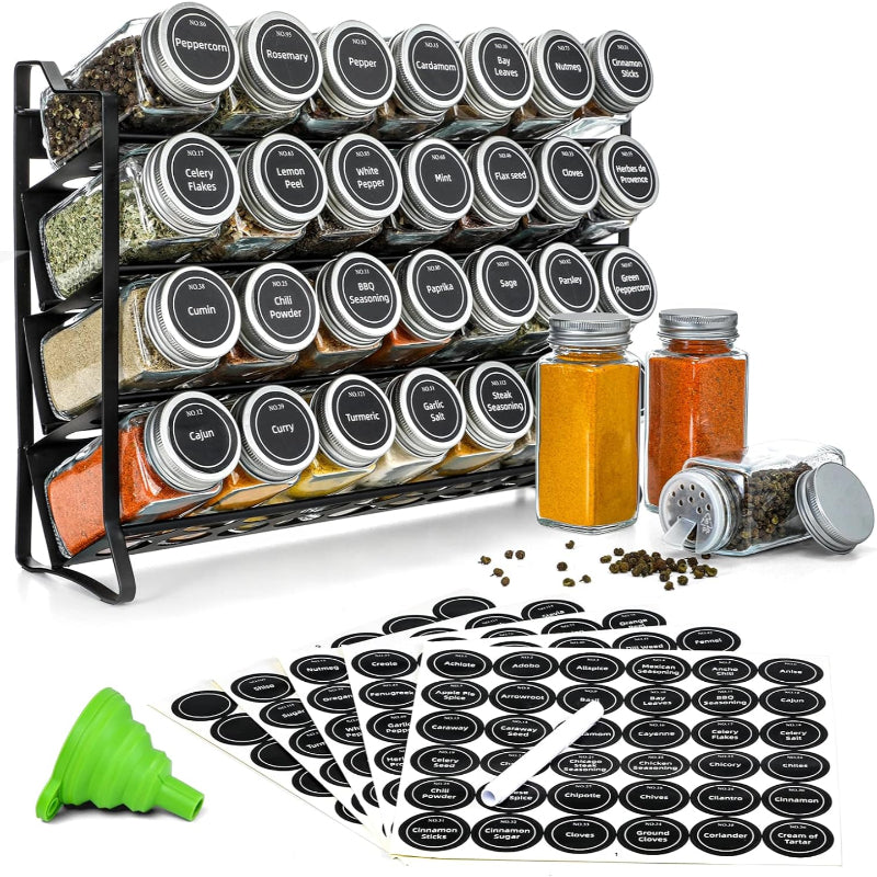 Spice Rack Organiser With 28 Jars Labels Funnel And Marker For Kitchen Countertop