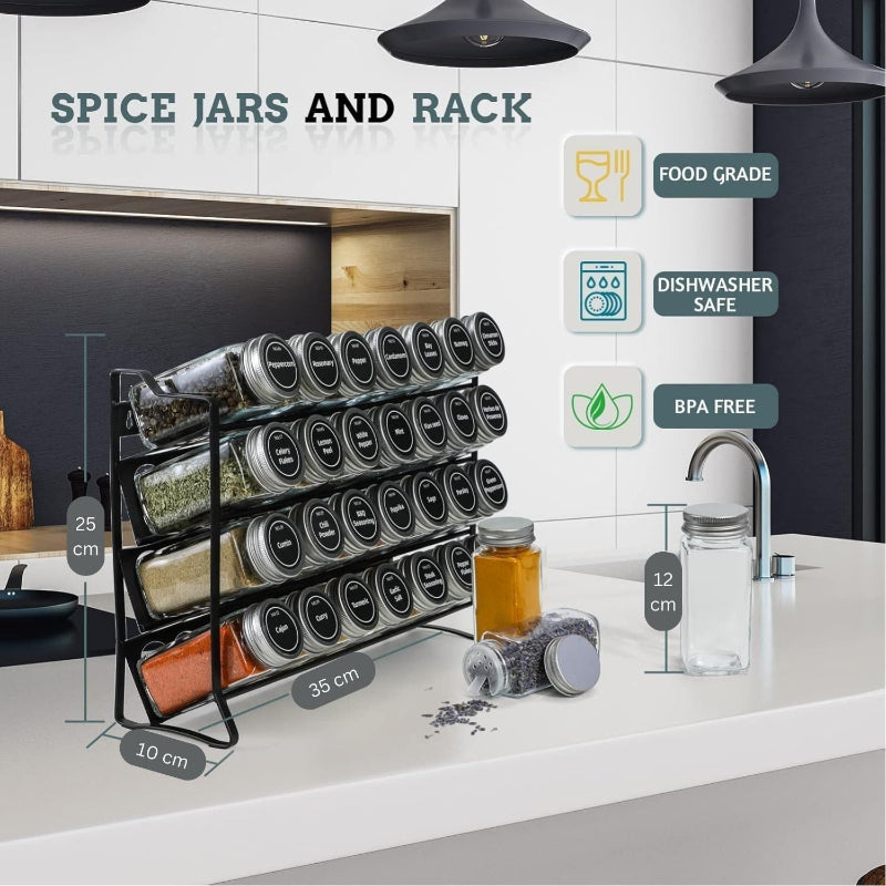 Spice Rack Organiser With 28 Jars Labels Funnel And Marker For Kitchen Countertop