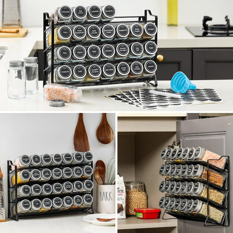 Spice Rack Organiser With 28 Jars Labels Funnel And Marker For Kitchen Countertop