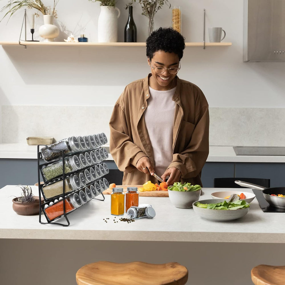 Spice Rack Organiser With 28 Jars Labels Funnel And Marker For Kitchen Countertop