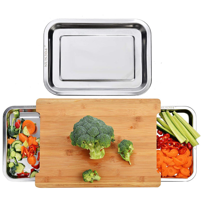 Chopping Board With 2 Organiser Stainless Steel Trays Containers