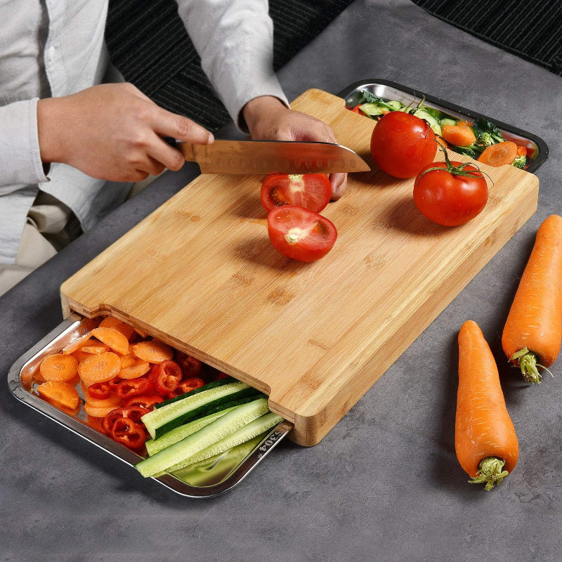 Chopping Board With 2 Organiser Stainless Steel Trays Containers