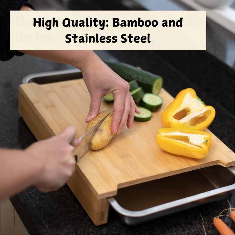 Chopping Board With 2 Organiser Stainless Steel Trays Containers