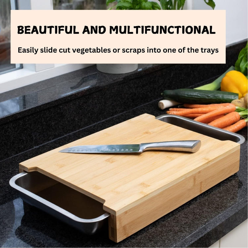 Chopping Board With 2 Organiser Stainless Steel Trays Containers