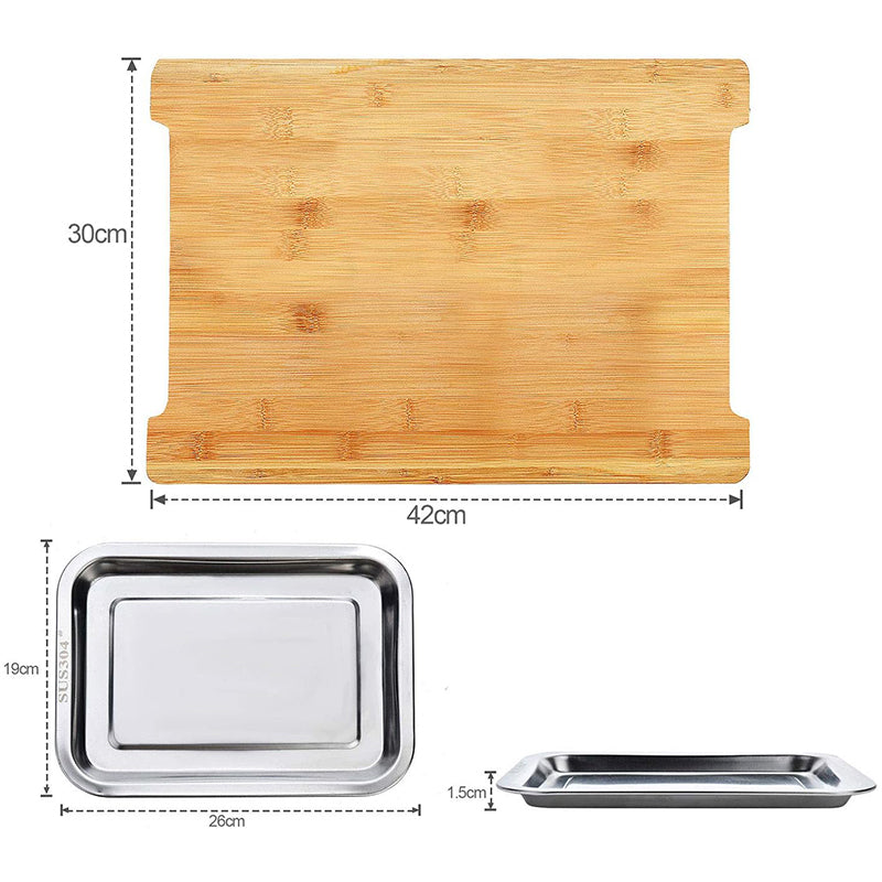 Chopping Board With 2 Organiser Stainless Steel Trays Containers