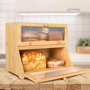 Double Layer Bamboo Bread Box For Kitchen Counter With Large Capacity And Clear Window