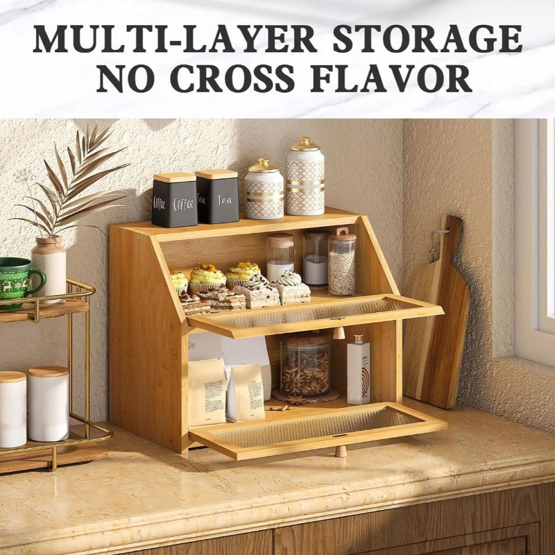 Double Layer Bamboo Bread Box For Kitchen Counter With Large Capacity And Clear Window