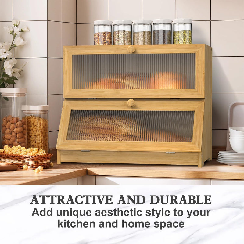 Double Layer Bamboo Bread Box For Kitchen Counter With Large Capacity And Clear Window