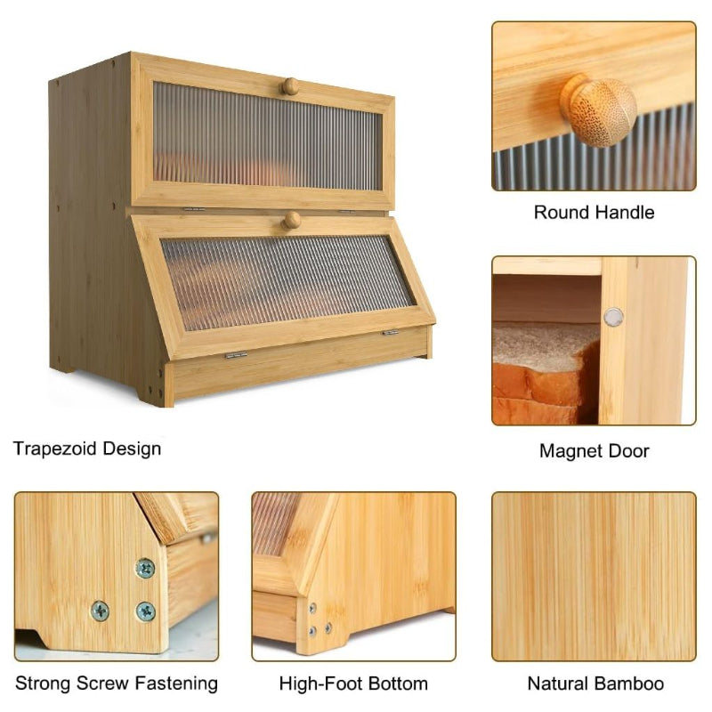 Double Layer Bamboo Bread Box For Kitchen Counter With Large Capacity And Clear Window