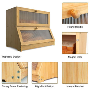 Double Layer Bamboo Bread Box For Kitchen Counter With Large Capacity And Clear Window