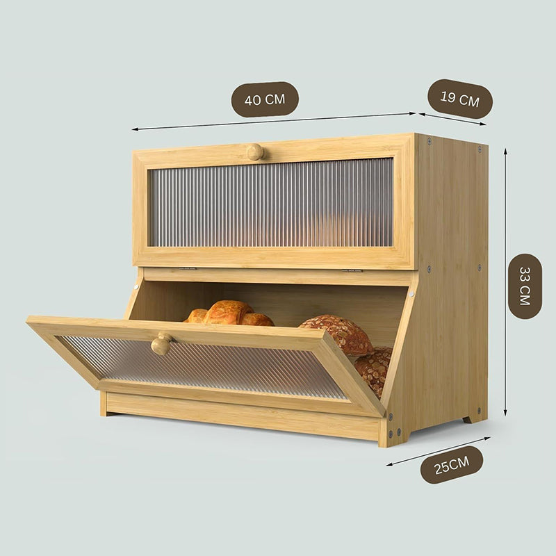 Double Layer Bamboo Bread Box For Kitchen Counter With Large Capacity And Clear Window