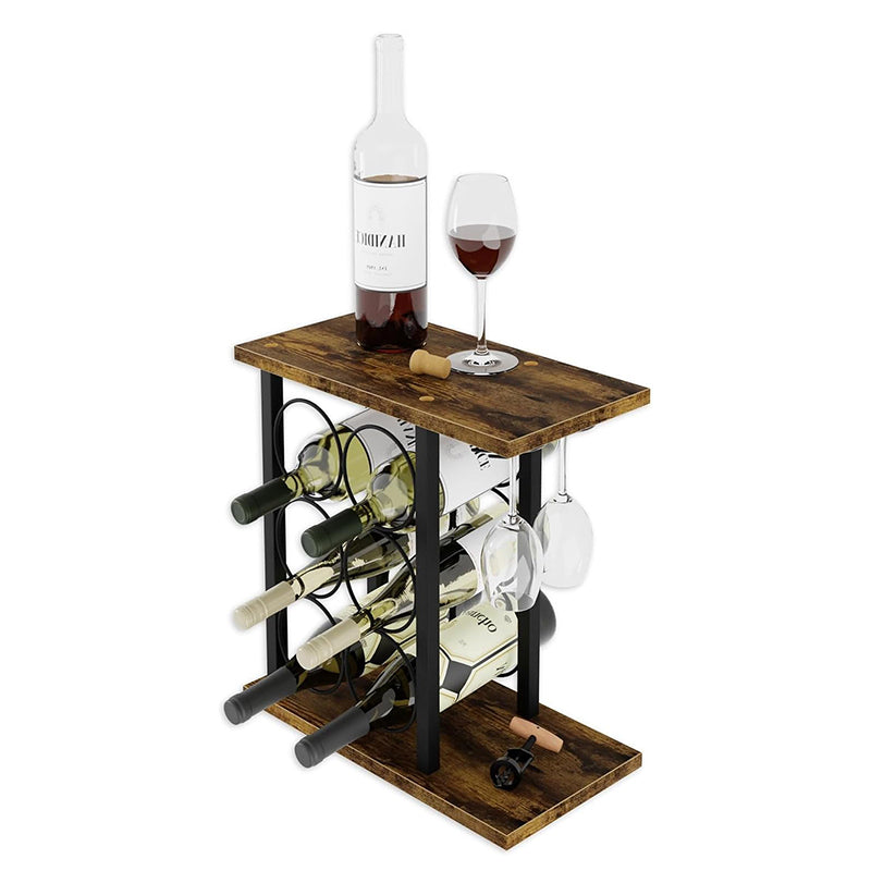 Wine Rack Countertop Wooden Metal Holder For 6 Bottles And 2 Glasses