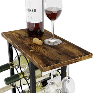 Wine Rack Countertop Wooden Metal Holder For 6 Bottles And 2 Glasses