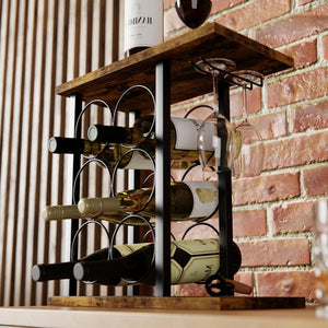 Wine Rack Countertop Wooden Metal Holder For 6 Bottles And 2 Glasses