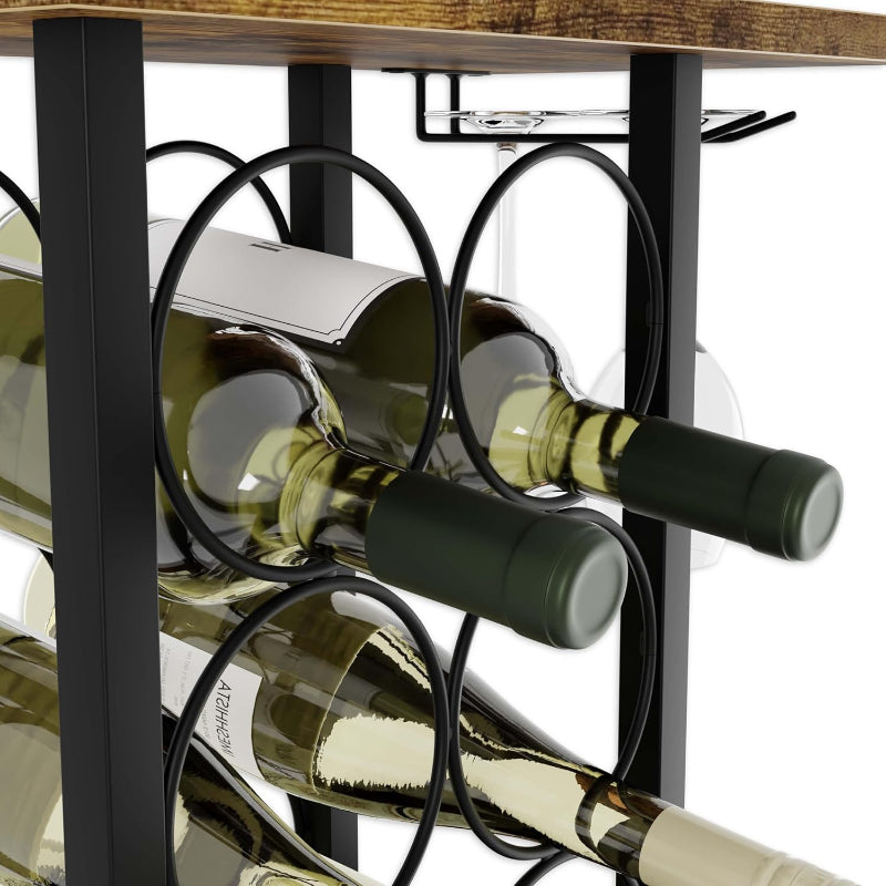 Wine Rack Countertop Wooden Metal Holder For 6 Bottles And 2 Glasses