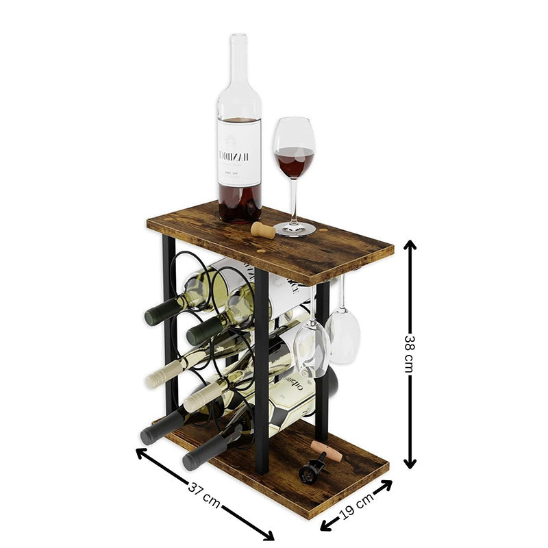 Wine Rack Countertop Wooden Metal Holder For 6 Bottles And 2 Glasses