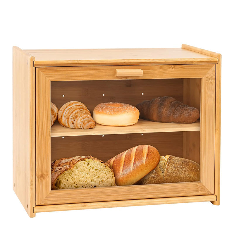 Double Layer Bamboo Bread Box For Kitchen Counter With Large Capacity And Transparent Window