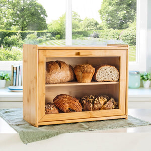 Double Layer Bamboo Bread Box For Kitchen Counter With Large Capacity And Transparent Window