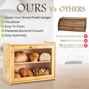 Double Layer Bamboo Bread Box For Kitchen Counter With Large Capacity And Transparent Window