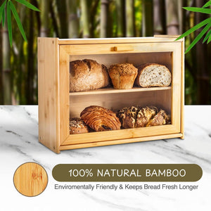 Double Layer Bamboo Bread Box For Kitchen Counter With Large Capacity And Transparent Window