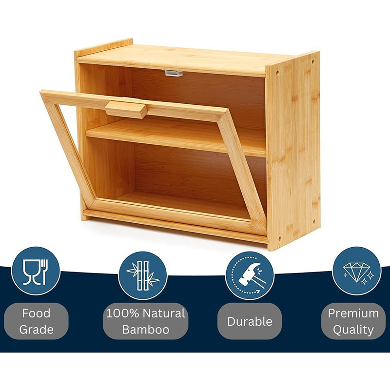 Double Layer Bamboo Bread Box For Kitchen Counter With Large Capacity And Transparent Window