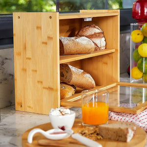 Double Layer Bamboo Bread Box For Kitchen Counter With Large Capacity And Transparent Window