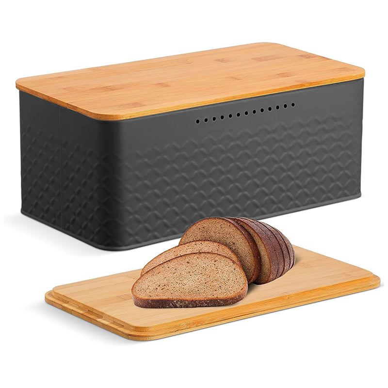 Bread Bin With Bamboo Lid Used As Chopping Board For Kitchen Countertop