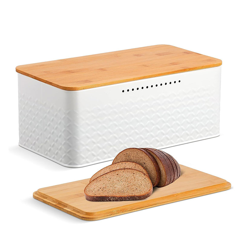 Bread Bin With Bamboo Lid Used As Chopping Board For Kitchen Countertop