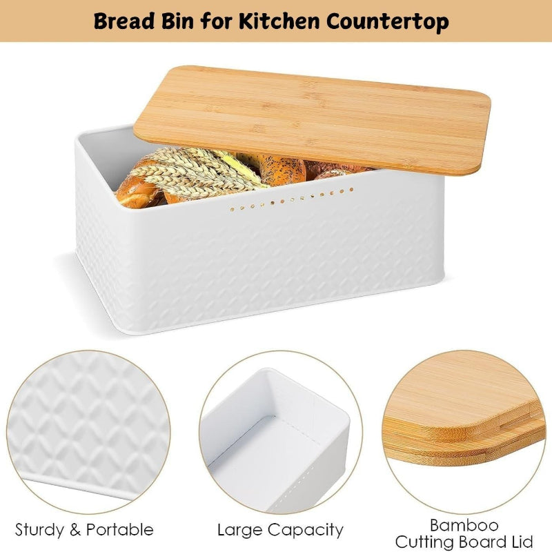 Bread Bin With Bamboo Lid Used As Chopping Board For Kitchen Countertop