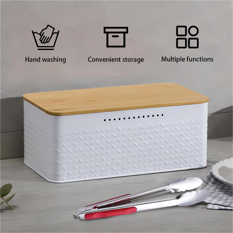 Bread Bin With Bamboo Lid Used As Chopping Board For Kitchen Countertop