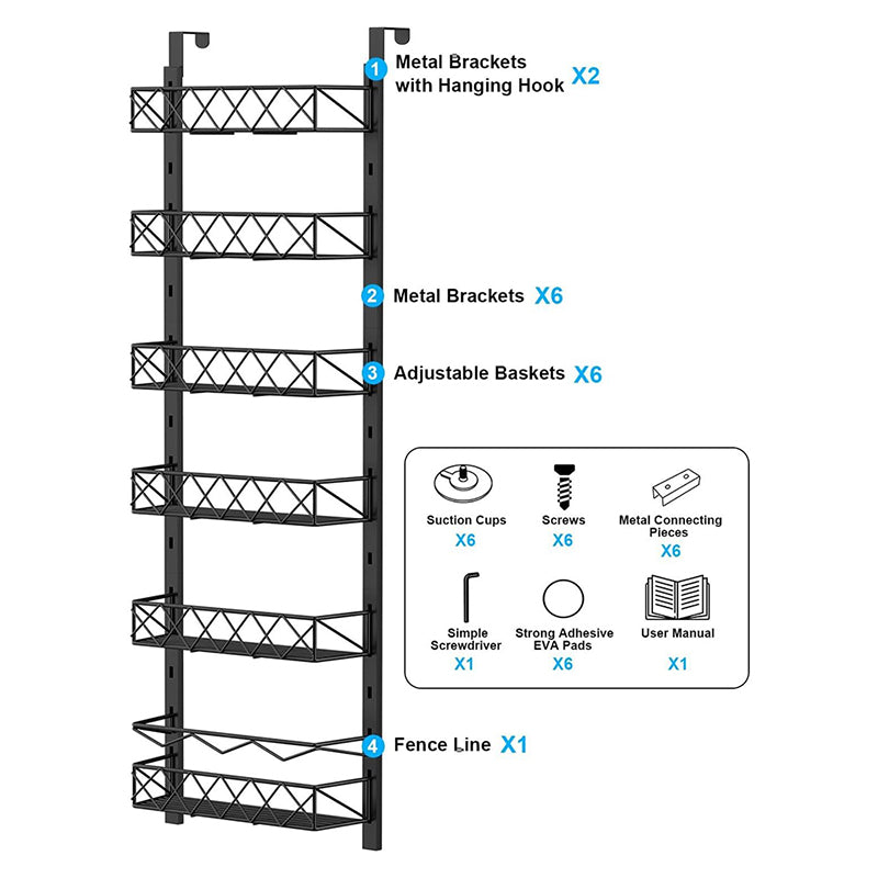 6 Tier Adjustable Baskets Over Door Pantry Organiser For Home Kitchen