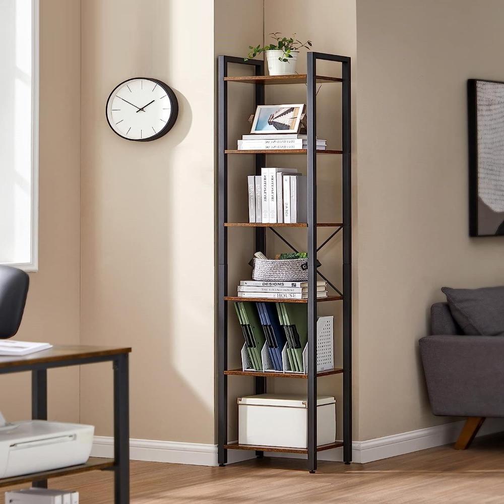 Small 6 Tier Industrial Bookshelf Rustic Brown Black