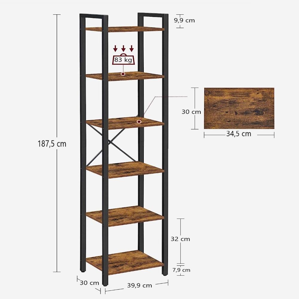 Small 6 Tier Industrial Bookshelf Rustic Brown Black