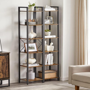 Small 6 Tier Industrial Bookshelf Rustic Brown Black