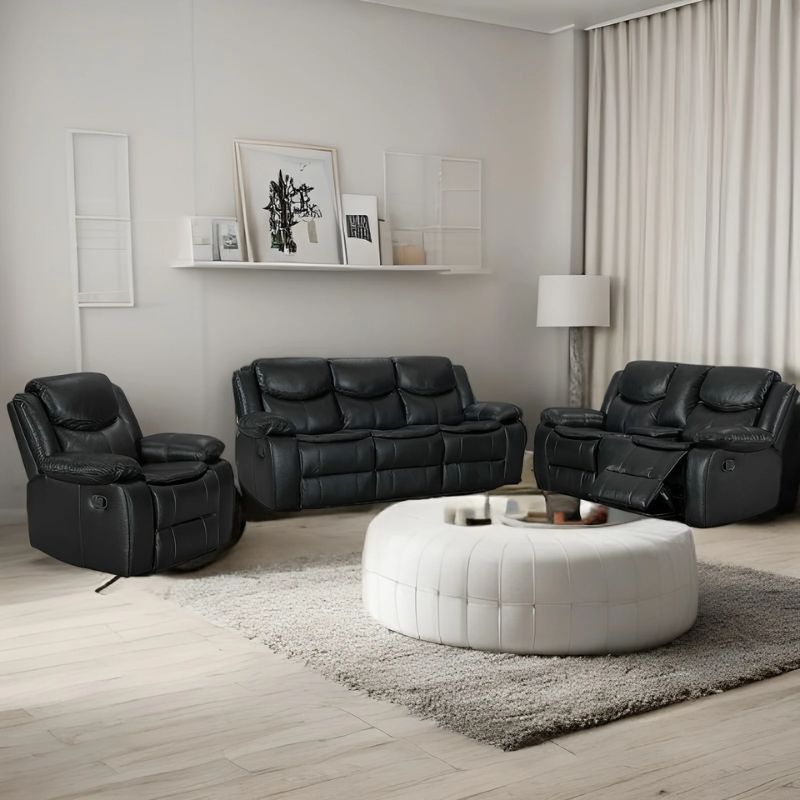 Mendel 3 Piece Super Fibre Leather Recliner Lounge Suite Black