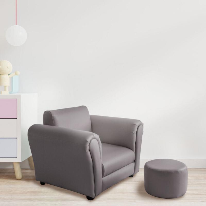 Kids Grey Couch Sofa Chair W/ Footstool In Pu Leather