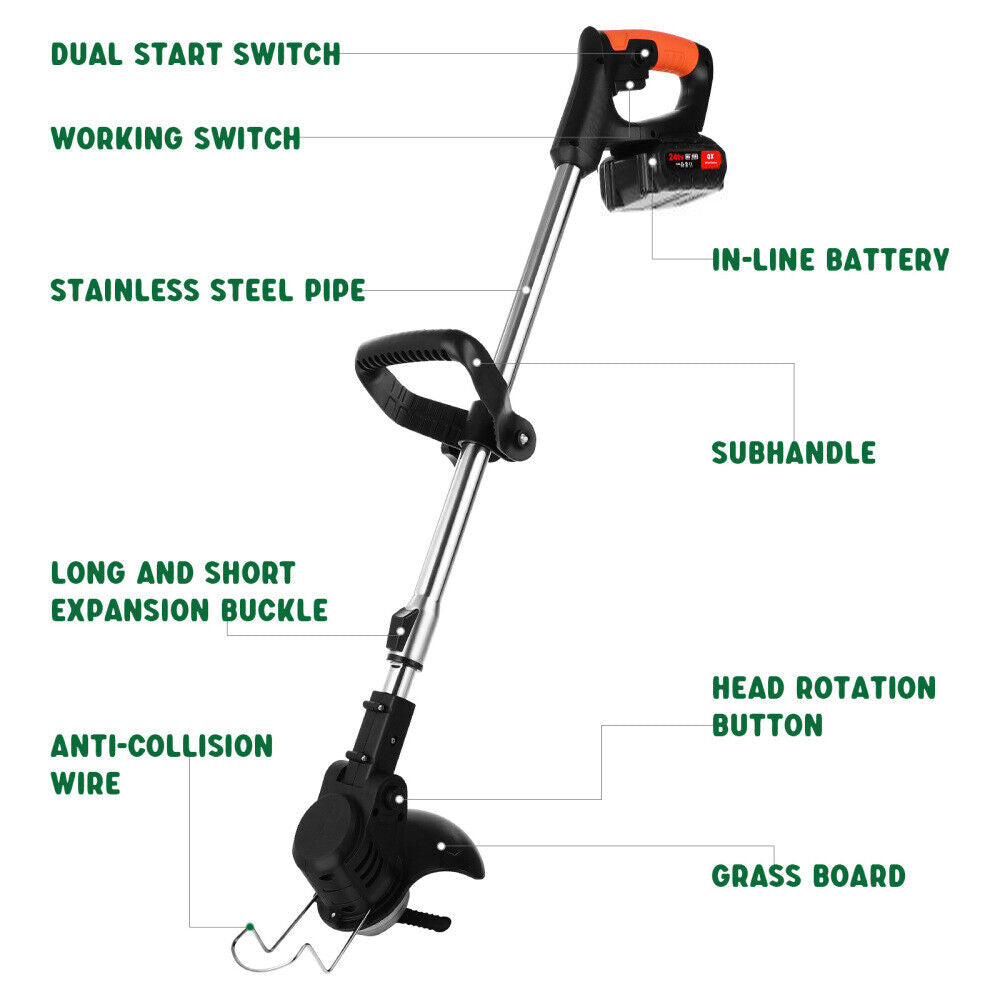 3In1 Cordless Grass Trimmer Lawn Brush Cutter Whipper Snipper With Battery